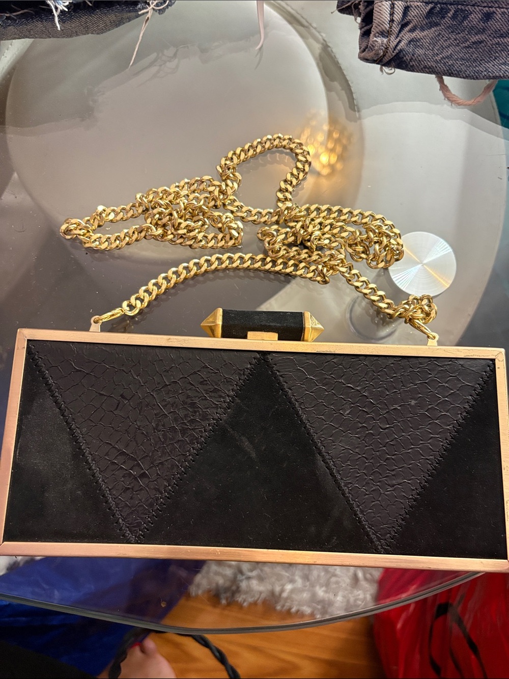 Brian Atwood  gold metal leather Black Geometric Box Clutch with Gold Chain